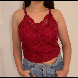 Red rose lace crop top